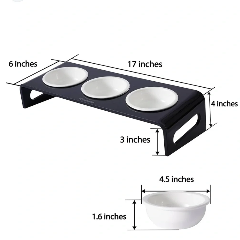 Tilted Raised Elevated Food & Water 3 Bowls Acrylic & Stand for Cat Small Dogs